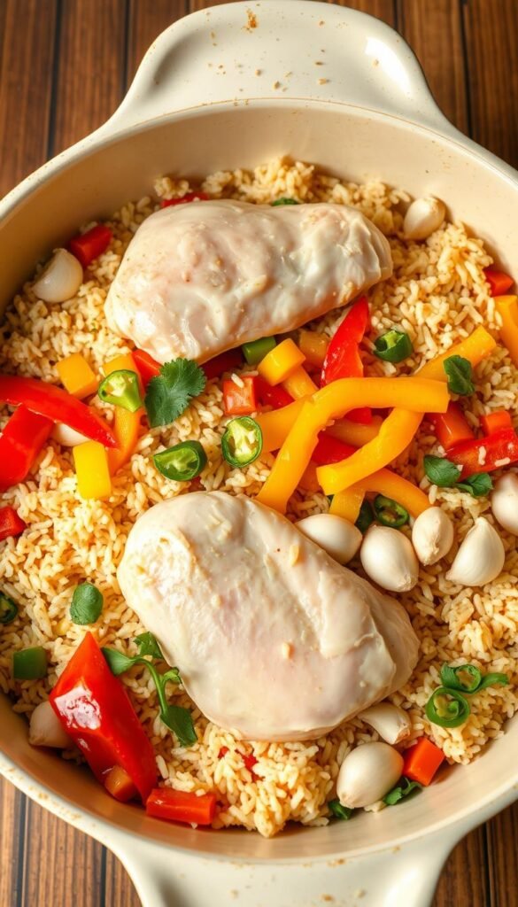 Layering the ingredients for Mediterranean chicken rice