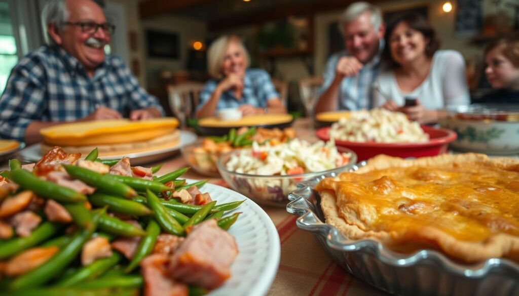 Southern family gatherings with green beans with ham, buttermilk pie, southern slaw recipes