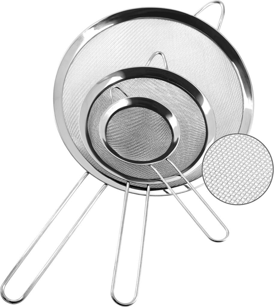Anaeat Fine Mesh Strainers - Premium Stainless Steel Colander Sieve Sifters, with Durable Mesh and Sturdy Handle, Excellent for Sifting Dry ingredients, Flour, Pastas, Rice, Tea (3.15+5.5+7.87)