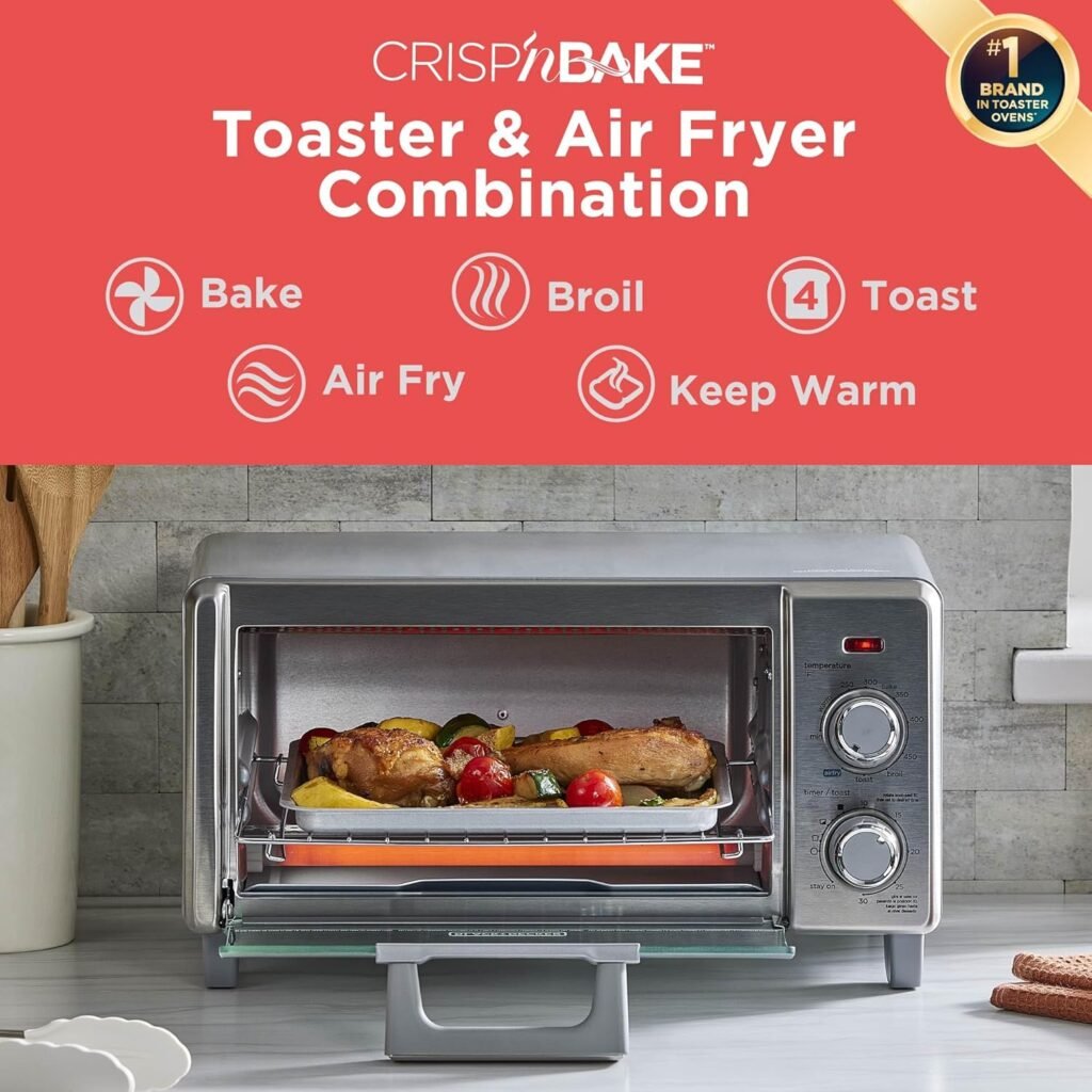 BLACK+DECKER Crisp N Bake Air Fry Countertop Convection Toaster Oven, Medium Capacity, 4-Slice, 5-in-1, Fits 9” Pizza, 30-Min Timer, Bake, Broil, Air Fry, Toast, Keep Warm, Stainless Steel