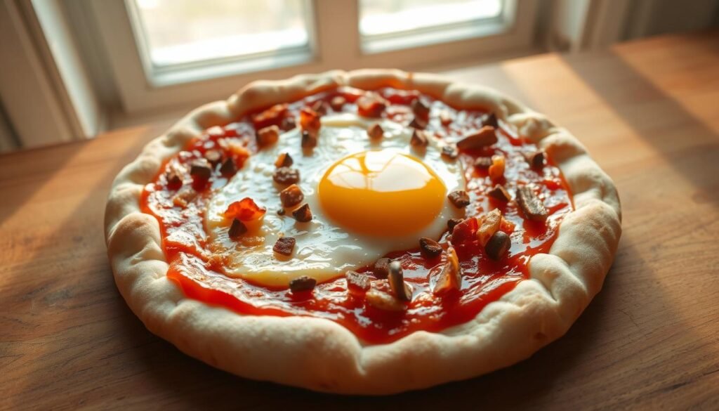 breakfast pizza with eggs runny yolk