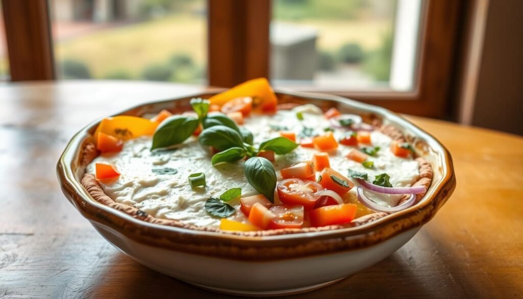 cottage cheese pizza bowl with vegetable toppings