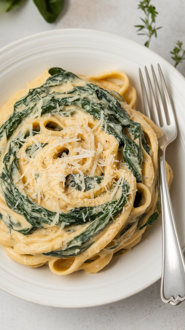 A plate of creamy Italian sausage pasta with spinach and parmesan cheese.