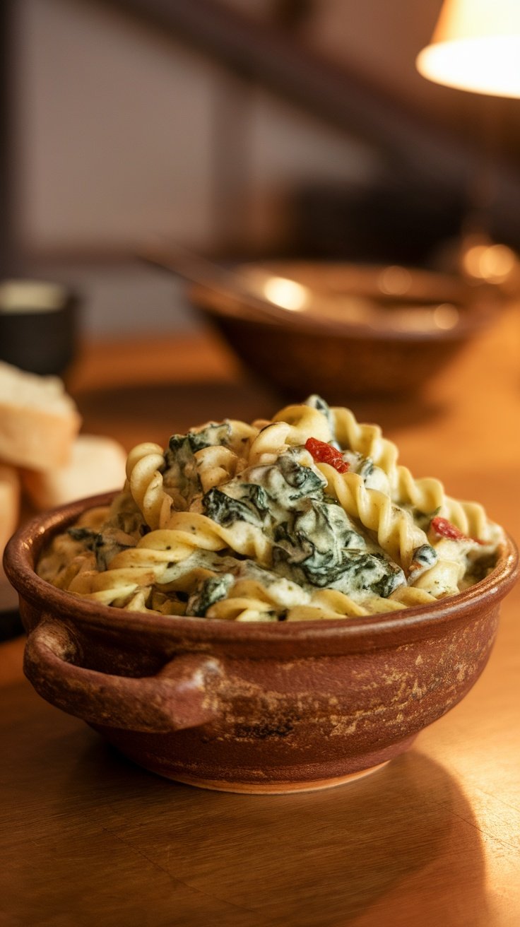 Bowl of creamy Tuscan sausage pasta with spinach and sun-dried tomatoes