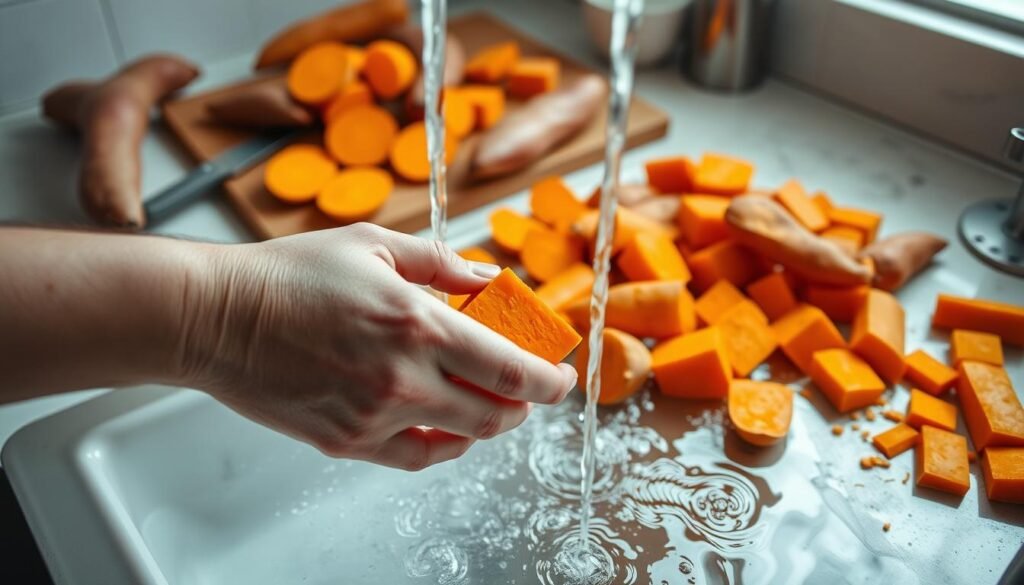 prepping sweet potatoes