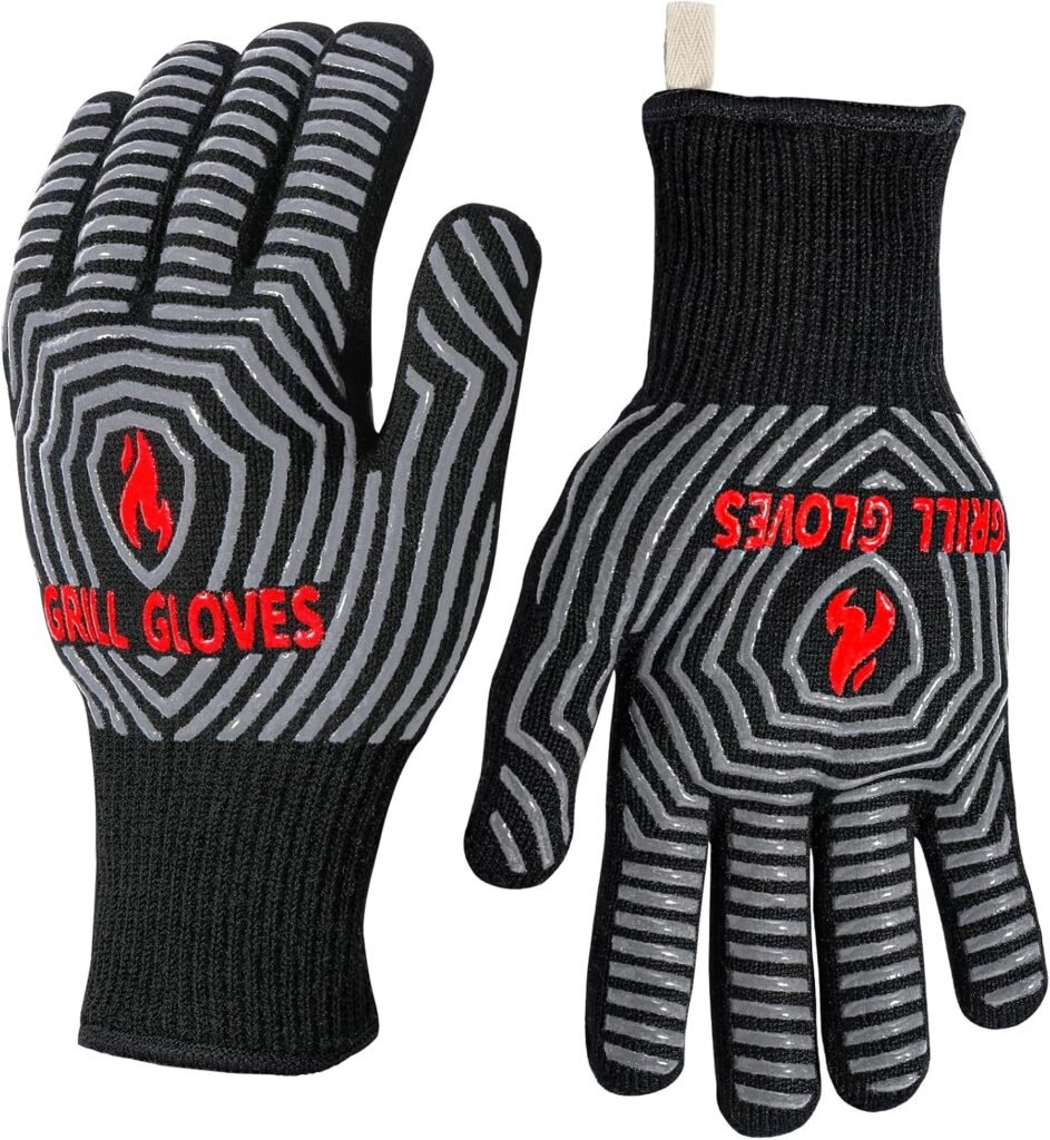 QUWIN BBQ Gloves, Oven Gloves 1472℉ Extreme Heat Resistant, Grilling Gloves Silicone Non-Slip Oven Mitts, Kitchen Gloves for BBQ, Grilling, Cooking, Baking-1 Pair… (Black, One Size Fits Most)