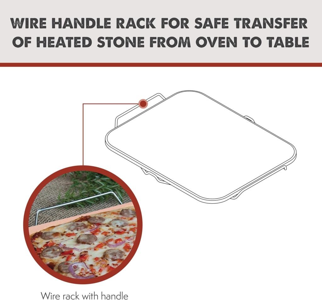 Rectangular Ceramic Pizza Stone with Wire Frame, 15” x 12.1”