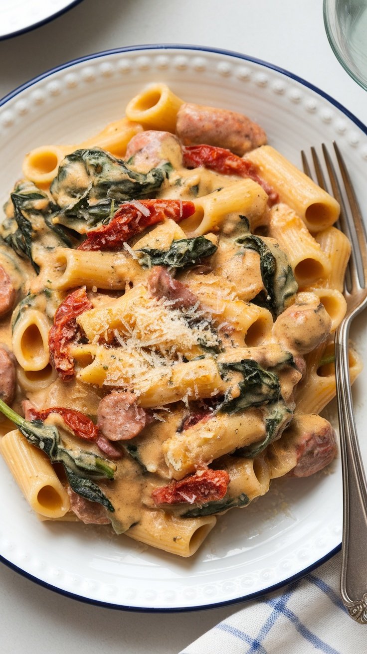 A plate of rich and creamy Tuscan sausage pasta with spinach and sun-dried tomatoes.