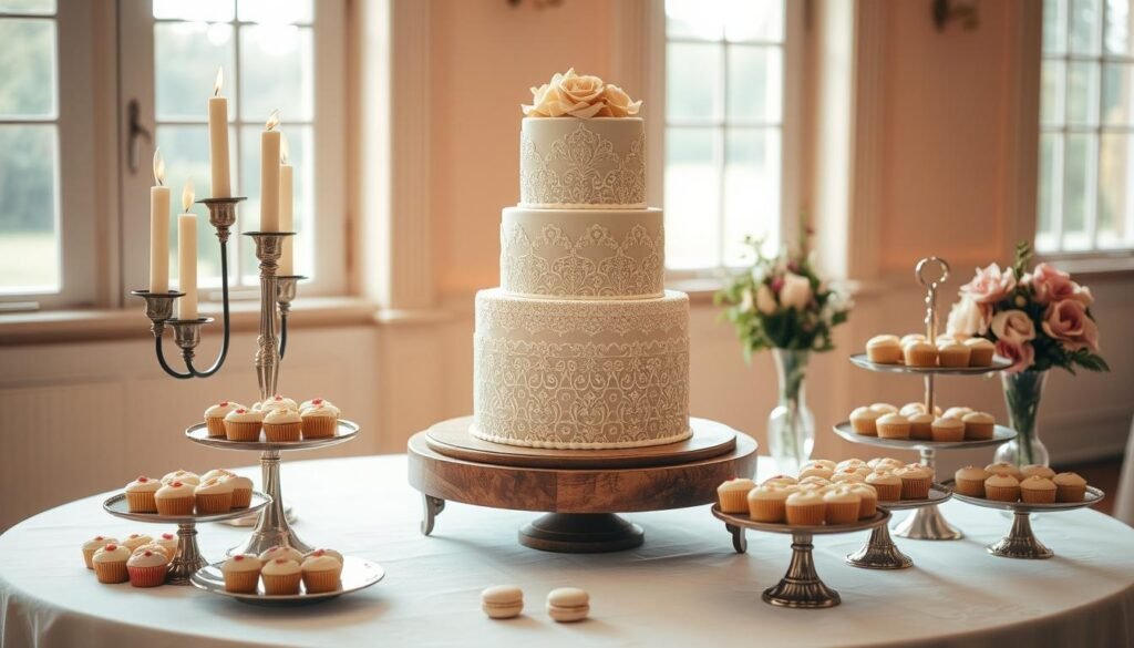 vintage cake display wedding reception
