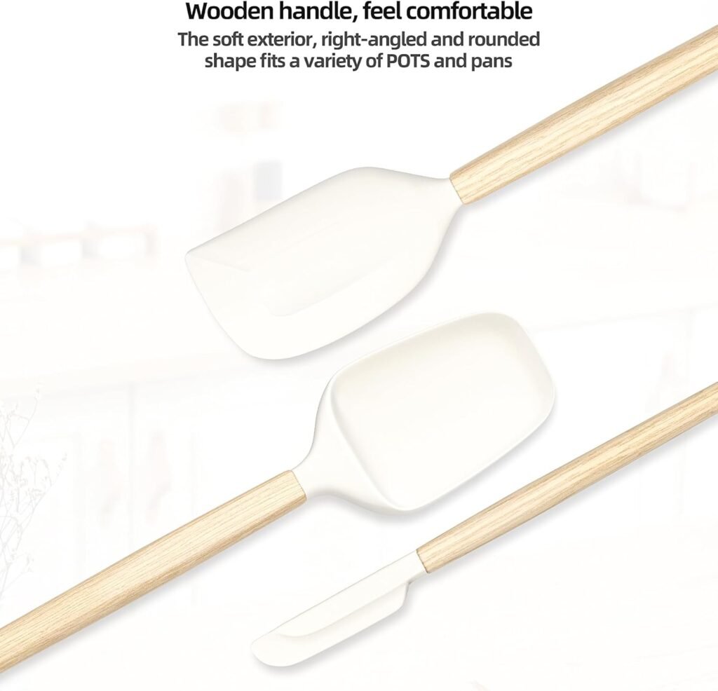 Wooden Handle Spatula Set 4Pcs, 12  9 Rubber Spatula Silicone Spatulas for Scraping, Non-Stick, Dishwasher Safe, Multi-Functional