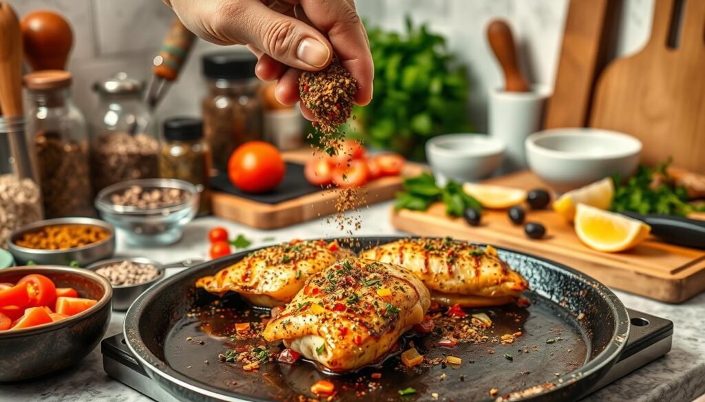 A Mediterranean kitchen counter overflowing with aromatic spices, fresh herbs, and a variety of cooking tools. In the foreground, a chef's hand carefully sprinkling a blend of Mediterranean seasonings onto a sizzling chicken breast, infusing it with bold flavors. The middle ground showcases a cutting board with chopped tomatoes, olives, and lemon wedges, hinting at the vibrant ingredients that enhance the dish. The background is softly lit, creating a warm, inviting atmosphere that evokes the essence of Mediterranean cuisine.