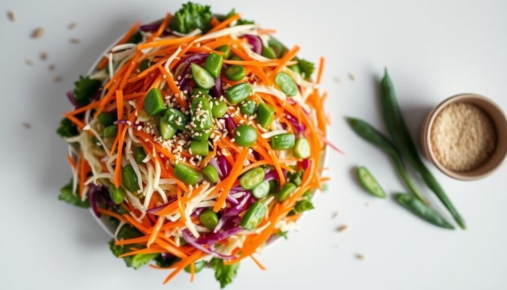 A beautifully arranged Asian-inspired chopped salad with a vibrant medley of fresh vegetables, crisp textures, and a flavorful dressing. The salad appears in the foreground, captured from an overhead angle, showcasing the intricate layers of ingredients - julienned carrots, shredded cabbage, crisp snap peas, toasted sesame seeds, and a drizzle of a light, aromatic vinaigrette. The background is a clean, minimalist setting, allowing the salad to be the focal point, accented by natural lighting that casts a soft, warm glow and highlights the vibrant colors. The overall mood is fresh, healthy, and visually appealing, reflecting the unique and mouthwatering nature of this chopped salad variation.
