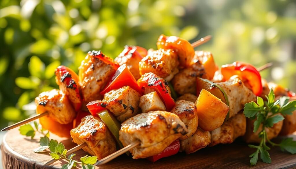 A beautifully arranged Mediterranean chicken kabob, skewered with juicy chunks of marinated chicken, vibrant bell peppers, and onions. The kabobs are grilled to perfection, with a light char and a mouthwatering aroma. The scene is set against a backdrop of lush, sun-dappled greenery, evoking the breezy, sun-soaked atmosphere of a traditional Greek or Turkish outdoor dining setting. Soft, warm lighting highlights the rich, golden-brown hues of the perfectly cooked chicken, creating a tantalizing, appetizing composition. The overall mood is one of rustic sophistication, inviting the viewer to imagine the delightful flavors and textures of this classic Mediterranean chicken dish.