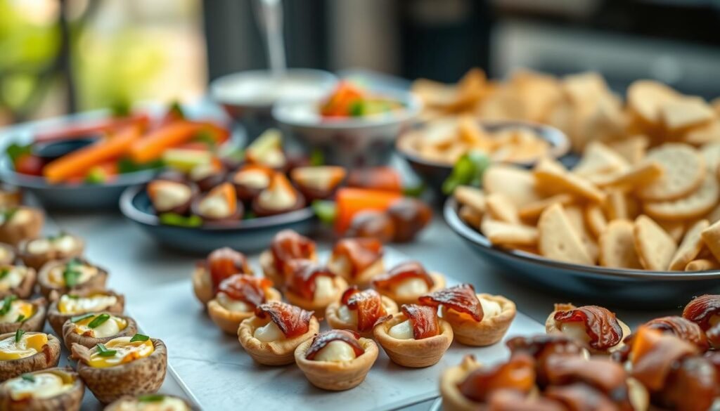 A beautifully arranged platter of savory fingerfood appetizers, shot in natural lighting with a shallow depth of field. In the foreground, an assortment of bite-sized delicacies like mini quiches, cheese-stuffed mushrooms, and bacon-wrapped dates. The middle ground features platters of colorful vegetable crudités, creamy dips, and crisp crackers. The background has a soft, blurred bokeh effect, highlighting the tantalizing spread. The composition is visually appealing, with a balance of textures, colors, and flavors that invite the viewer to indulge in this irresistible party spread.