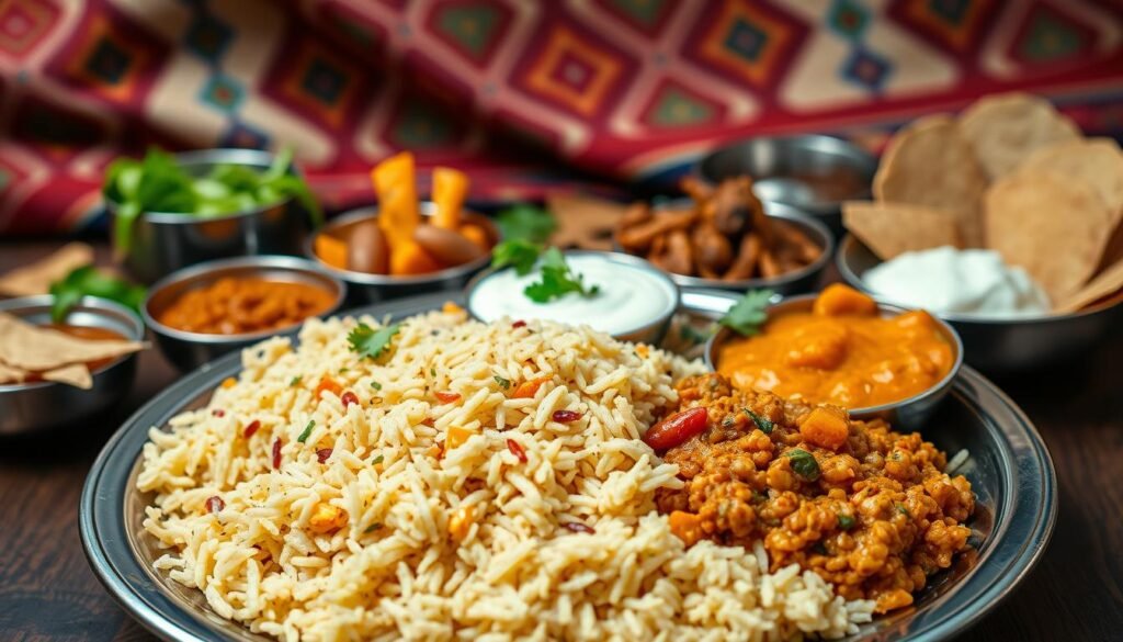 A beautifully arranged spread of authentic Indian side dishes, meticulously crafted with vibrant colors and intricate textures. In the foreground, a gleaming metal plate showcases an array of delectable offerings - fragrant basmati rice, creamy lentil daal, tangy mango chutney, and crisp papadum crackers. The middle ground features small bowls brimming with spiced potatoes, cooling raita, and fresh coriander leaves. In the background, a traditional Indian textile with a bold geometric pattern adds depth and cultural context. The lighting is soft and diffused, highlighting the rich, earthy tones and creating an inviting, homely atmosphere. This captivating scene evokes the warmth and complexity of Indian cuisine, perfectly encapsulating the "Flavor Enhancements for Your Lunch" section.