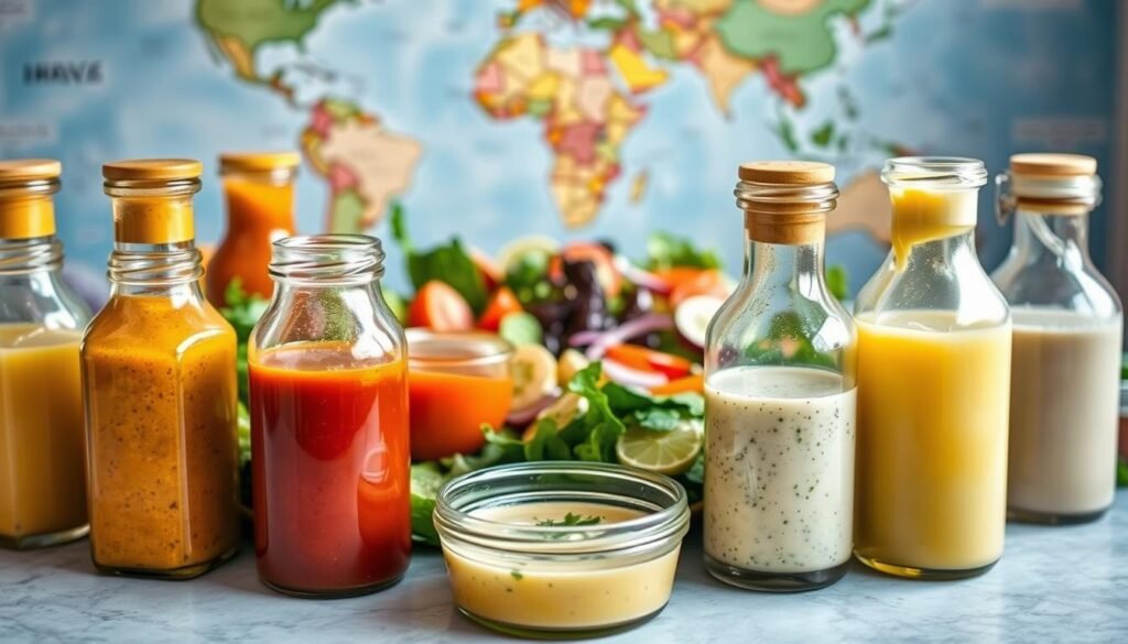 A beautifully arranged spread of international salad dressings, each in a distinct glass jar or bottle. In the foreground, various dressings such as Italian vinaigrette, Greek tzatziki, Japanese sesame, and Mexican lime-cilantro are displayed, their vibrant colors and textures inviting the viewer to explore. The middle ground features fresh salad greens, crisp vegetables, and garnishes that complement the dressings. The background has a softly blurred world map, hinting at the global origins of these flavorful condiments. The lighting is warm and natural, casting a gentle glow over the scene, while the camera angle is slightly elevated to provide an appetizing, overhead view. The overall mood is one of culinary adventure and discovery, perfectly capturing the "International Salad Dressings to Explore" theme.