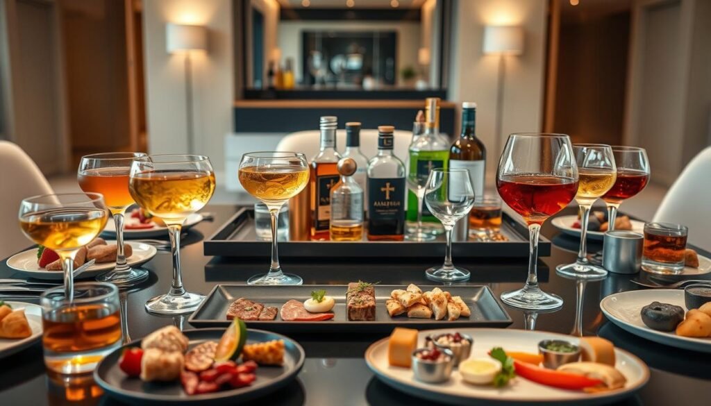 A beautifully arranged table setting showcasing an assortment of alcoholic drinks and complementary food pairings. The foreground features a variety of cocktail glasses filled with different liquors, artfully positioned alongside small plates of exquisite hors d'oeuvres, charcuterie, and garnishes. The middle ground includes a sleek, modern serving tray with an assortment of bottles, decanters, and stemware, all illuminated by soft, warm lighting. The background shows a sophisticated, minimalist interior with clean lines and neutral tones, creating a harmonious and inviting atmosphere that sets the stage for an intimate gathering or event.