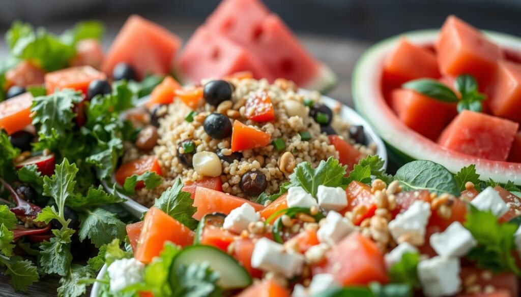 A beautifully composed arrangement of fresh Mediterranean salads, showcasing an array of vibrant colors and textures. In the foreground, a crisp green salad with juicy tomatoes, creamy feta, and crunchy cucumbers, drizzled with a tangy vinaigrette. In the middle, a hearty quinoa salad with roasted vegetables, kalamata olives, and a sprinkle of toasted pine nuts. In the background, a refreshing watermelon and mint salad, its juicy cubes glistening under natural lighting. The scene is captured with a shallow depth of field, creating a soft, dreamy atmosphere that invites the viewer to savor the flavors and experience the Mediterranean flair.