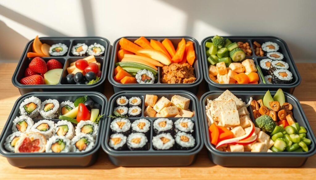 A beautifully curated arrangement of bento box meals, each compartment filled with a visually appealing and nutritious selection of foods. The foreground showcases an assortment of freshly prepared sushi rolls, colorful fruits, and bite-sized veggie snacks. In the middle ground, a selection of onigiri rice balls, marinated tofu, and pickled daikon radish add layers of texture and flavor. The background features a minimalist backdrop, with soft natural lighting casting a warm glow over the scene, emphasizing the vibrant colors and clean presentation. The overall atmosphere evokes a sense of balance, creativity, and a healthy, satisfying lunch experience.