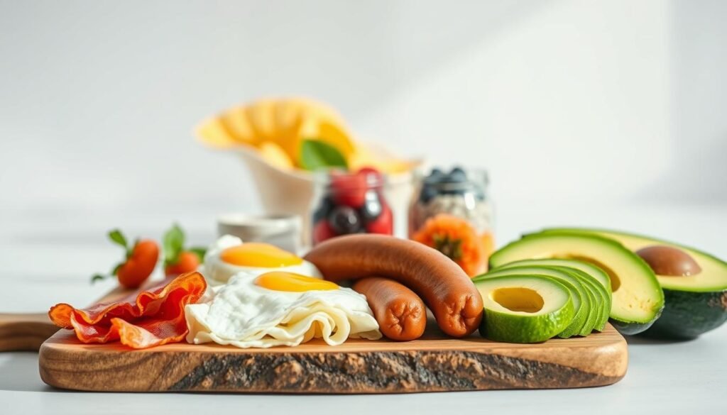 A beautifully curated keto breakfast meal prep scene set against a bright, airy backdrop. In the foreground, an array of high-protein keto-friendly items - crisp bacon, savory sausage, fluffy scrambled eggs, and creamy avocado slices. Positioned meticulously on a rustic wooden board, the food is bathed in soft, natural lighting, highlighting its vibrant colors and textures. In the middle ground, a few small glass jars filled with chia pudding or Greek yogurt with berries add a touch of variety. The background features a light, minimalist setting, perhaps a clean kitchen counter or a white tabletop, creating a calming and inviting atmosphere. The overall composition conveys a sense of health, organization, and effortless sophistication - the perfect visual representation of a high-protein keto breakfast meal prep.