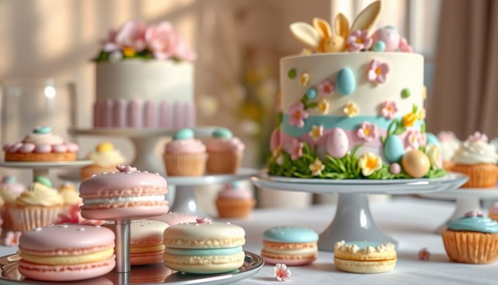 A beautifully decorated Easter dessert table, featuring an assortment of pastel-hued cakes, tarts, and cupcakes. In the foreground, delicate macarons in pastel shades of pink, yellow, and blue sit atop a tiered cake stand, adorned with intricate piping and edible flowers. In the middle ground, a vibrant, multi-layered Easter cake takes center stage, its surface adorned with colorful speckled eggs, fondant bunnies, and delicate spring blossoms. The background is softly lit, with a warm, natural light illuminating the display and casting gentle shadows, creating a serene, springtime atmosphere. The overall composition is visually striking, inviting the viewer to imagine the flavors and textures of these meticulously crafted Easter desserts.