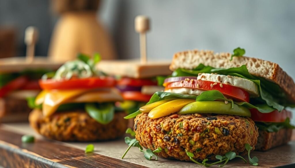 A beautifully lit close-up of a selection of innovative vegetarian sandwich recipes, showcasing a range of vibrant, texturally-diverse fillings. In the foreground, a hand-crafted falafel patty piled high with crisp veggies, creamy avocado, and a drizzle of tangy tahini dressing. Behind it, a nourishing hummus and roasted red pepper sandwich with fresh sprouts and toasted seeds. In the middle distance, a colorful layered sandwich featuring grilled halloumi, juicy tomatoes, peppery arugula, and a smear of pesto. The background softly blurs, drawing the eye to the artfully arranged compositions. Warm, natural lighting casts a inviting glow, capturing the fresh, craveable qualities of these innovative vegetarian creations.
