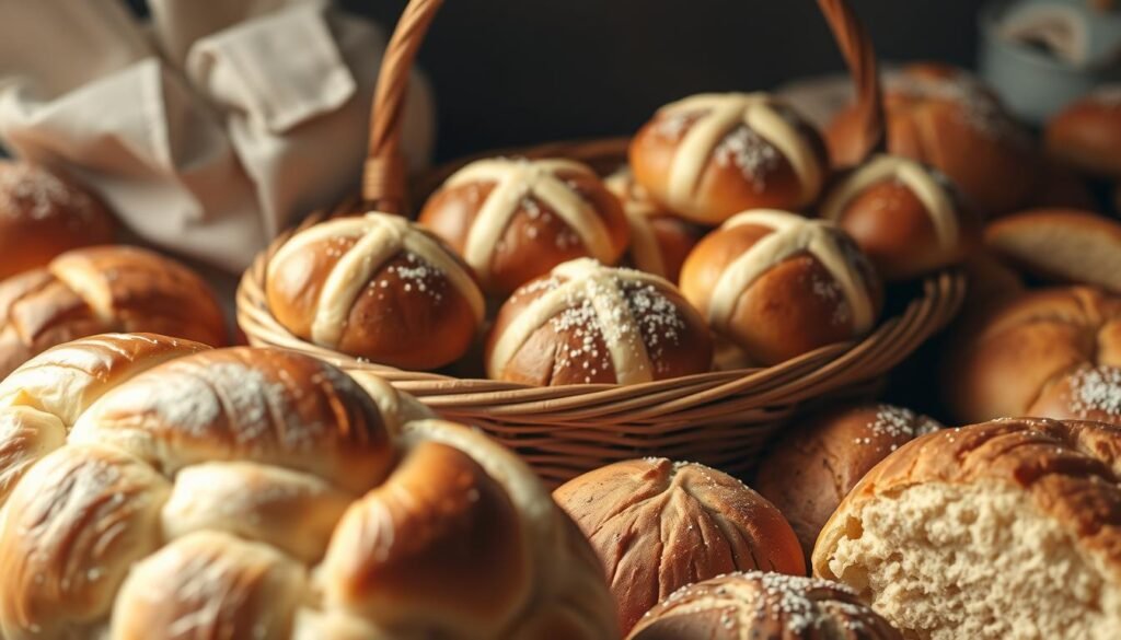 A beautifully lit close-up shot of a variety of freshly baked Easter breads and rolls. In the foreground, a soft, buttery challah loaf with a golden, braided crust. In the middle ground, a basket filled with steaming hot cross buns, their signature crosses dusted with powdered sugar. Around them, an assortment of other festive breads, such as fluffy parker house rolls and tender, flaky biscuits. The lighting is warm and inviting, casting a gentle glow on the scene. The camera angle is slightly elevated, allowing the viewer to fully appreciate the artful arrangement and textures of these satisfying Easter side dishes.