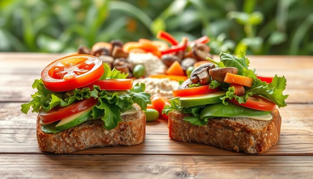 A beautifully lit, high-resolution image of a classic vegetarian sandwich spread out on a rustic wooden table. In the foreground, two halves of a crusty, freshly-baked whole grain bread are topped with a vibrant mix of crisp, leafy greens, juicy tomato slices, creamy avocado, and tangy vegan cheese. In the middle ground, a variety of colorful, well-balanced vegetarian fillings are arranged, including sautéed mushrooms, roasted red peppers, hummus, and bright pickled vegetables. The background features a lush, natural setting with a soft, warm lighting, evoking a sense of simplicity and wholesome goodness. The overall composition is visually appealing, highlighting the appetizing nature of these timeless, flavor-packed vegetarian sandwich recipes.