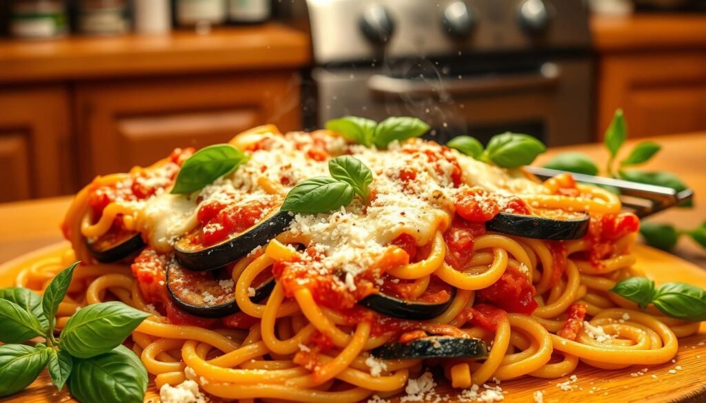 A beautifully lit, high-resolution photograph of a freshly baked vegetarian eggplant parmesan pasta casserole, steaming hot and golden brown, surrounded by fresh basil leaves, grated parmesan, and a sprinkle of crushed red pepper flakes. The pasta is perfectly al dente, with layers of thinly sliced eggplant, tangy tomato sauce, and melted mozzarella cheese. The scene is set against a warm, rustic background, with hints of wooden cabinets and a vintage oven in the distance, creating a cozy, homemade atmosphere.