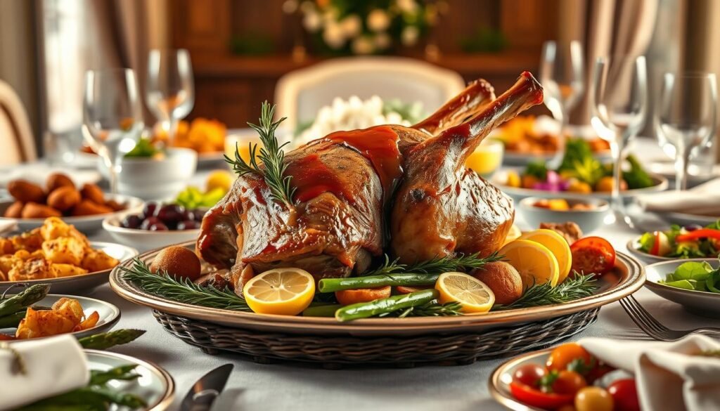 A beautifully-lit, high-resolution photograph of a lavish Easter dinner table showcasing a succulent, golden-brown roast lamb as the main course. The lamb is garnished with fresh rosemary sprigs, sliced lemons, and a drizzle of rich, aromatic gravy. Surrounding the centerpiece are an array of tempting side dishes, such as buttery roasted potatoes, steamed asparagus spears, and a vibrant, colorful salad. The table is set with fine china, sparkling glassware, and elegant linen napkins, creating an atmosphere of refined sophistication. Warm, soft lighting casts a cozy, inviting glow over the scene, evoking the spirit of a traditional Easter celebration. A beautifully-lit, high-resolution photograph of a lavish Easter dinner table showcasing a succulent, golden-brown roast lamb as the main course. The lamb is garnished with fresh rosemary sprigs, sliced lemons, and a drizzle of rich, aromatic gravy. Surrounding the centerpiece are an array of tempting side dishes, such as buttery roasted potatoes, steamed asparagus spears, and a vibrant, colorful salad. The table is set with fine china, sparkling glassware, and elegant linen napkins, creating an atmosphere of refined sophistication. Warm, soft lighting casts a cozy, inviting glow over the scene, evoking the spirit of a traditional Easter celebration.