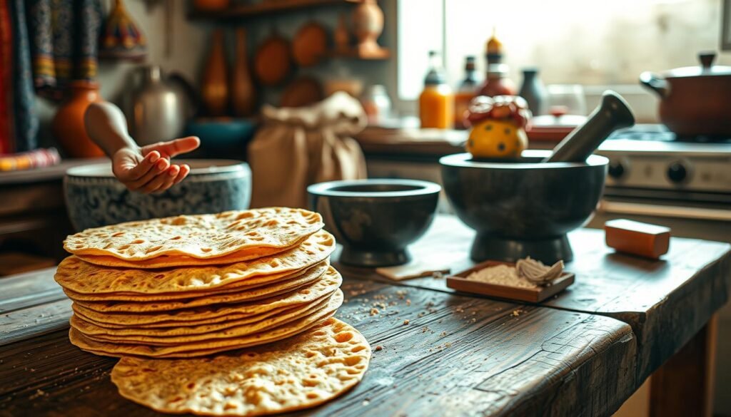 A beautifully lit kitchen scene showcasing the art of traditional Mexican tortilla-making. In the foreground, a weathered wooden table is adorned with carefully stacked homemade tortillas, their golden-brown hues glistening under the warm, ambient lighting. Beside them, a molcajete (stone mortar and pestle) stands filled with freshly ground spices, exuding the aromatic essence of authentic Mexican cuisine. In the middle ground, a skilled pair of hands kneads and shapes supple masa dough, the process captured in a candid, documentary-style angle. The background reveals a cozy, rustic kitchen, complete with vibrant textiles, terracotta cookware, and a glimpse of a simmering pot on the stove, hinting at the delicious dishes to come. The overall scene conveys a sense of homemade, heartfelt culinary tradition. A beautifully lit kitchen scene showcasing the art of traditional Mexican tortilla-making. In the foreground, a weathered wooden table is adorned with carefully stacked homemade tortillas, their golden-brown hues glistening under the warm, ambient lighting. Beside them, a molcajete (stone mortar and pestle) stands filled with freshly ground spices, exuding the aromatic essence of authentic Mexican cuisine. In the middle ground, a skilled pair of hands kneads and shapes supple masa dough, the process captured in a candid, documentary-style angle. The background reveals a cozy, rustic kitchen, complete with vibrant textiles, terracotta cookware, and a glimpse of a simmering pot on the stove, hinting at the delicious dishes to come. The overall scene conveys a sense of homemade, heartfelt culinary tradition.