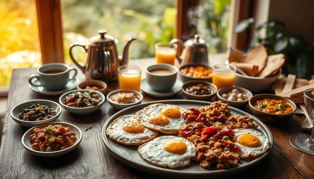 A beautifully lit overhead shot of a rustic, wooden table laden with an assortment of high-protein vegetarian Indian breakfast options. In the foreground, a platter showcases a variety of egg dishes, including spicy masala omelettes, fluffy scrambled paneer, and soft-boiled eggs drizzled with chutneys. Surrounding the eggs are small bowls of lentil-based dals, fragrant vegetable curries, and freshly baked whole grain breads. In the middle ground, a steaming pot of chai tea and a glass of fresh-squeezed fruit juice add pops of color. The background features a softly blurred window overlooking a lush, verdant garden, bathing the scene in warm, natural light. The overall mood is one of nourishment, comfort, and the vibrant flavors of an authentic Indian vegetarian breakfast.