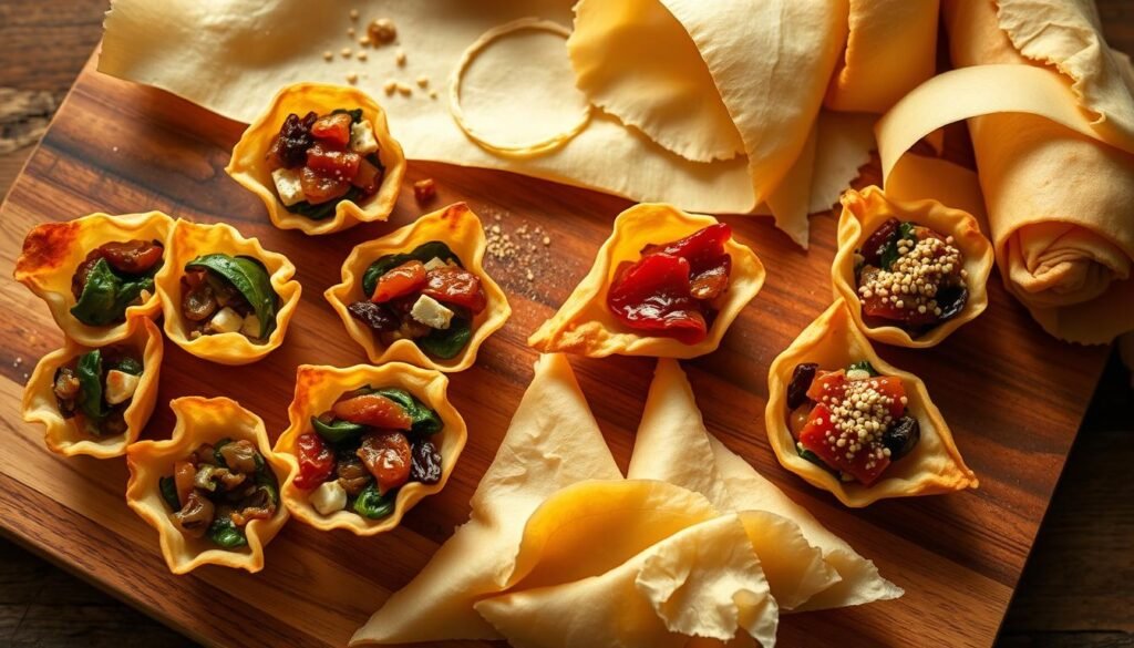 A beautifully lit overhead shot of a selection of elegant phyllo dough appetizers elegantly arranged on a wooden cutting board. The foreground features flaky, golden-brown phyllo cups filled with a variety of savory fillings such as spinach and feta, caramelized onions, and sun-dried tomatoes. The middle ground shows delicate phyllo triangles drizzled with honey and sprinkled with sesame seeds. In the background, phyllo dough rolls are carefully unraveled, revealing their intricate, tissue-like layers. Warm, soft lighting casts a inviting glow, highlighting the textures and colors of the artfully presented phyllo creations.