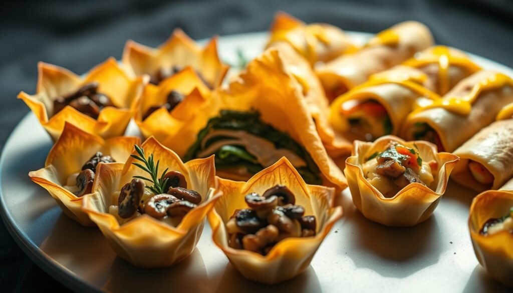A beautifully lit overhead shot of an artfully arranged selection of delicate vegetarian phyllo dough appetizers. In the foreground, delicate golden-brown phyllo cups filled with creamy mushroom duxelles, garnished with fresh thyme. In the middle, layered phyllo triangles with a fragrant spinach and feta filling, lightly brushed with olive oil. In the background, flaky phyllo rolls stuffed with roasted vegetables, drizzled with a tangy lemon-herb sauce. The lighting casts a warm, inviting glow, highlighting the intricate textures and vibrant colors of the carefully crafted dishes. A tempting spread that showcases the versatility and elegance of vegetarian phyllo dough appetizers.