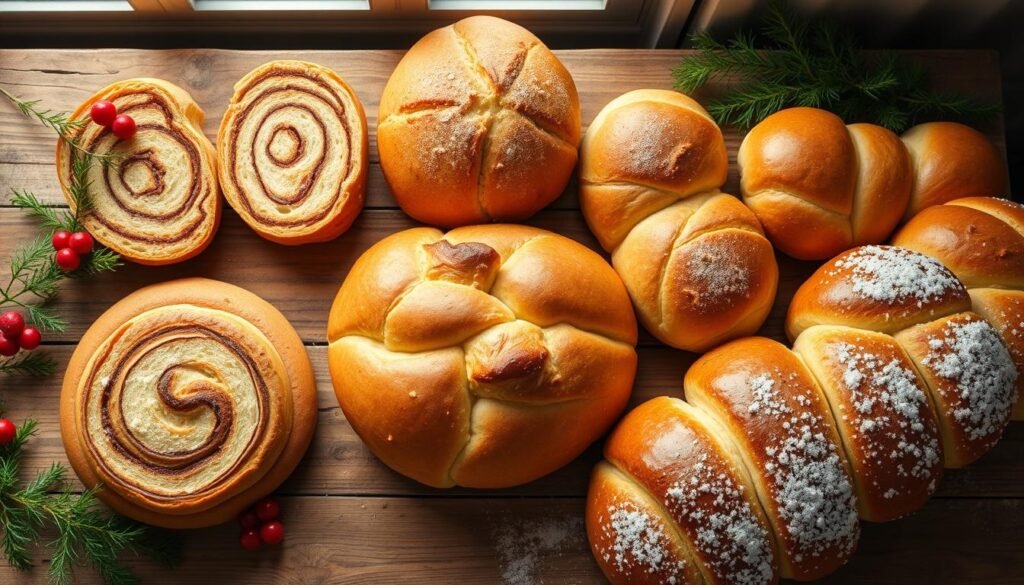 A beautifully lit overhead view of an assortment of freshly baked holiday bread recipes, including fragrant cinnamon swirl loaves, soft and fluffy dinner rolls, and golden-brown braided challahs. The breads are arranged on a rustic wooden table, with natural lighting streaming in from a nearby window, casting a warm, cozy glow. Fresh herbs, seasonal berries, and a dusting of powdered sugar add pops of color and texture, creating an inviting and mouthwatering scene that captures the spirit of the holiday season.