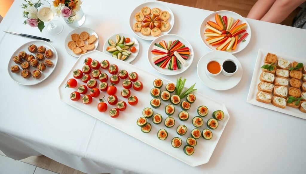 A beautifully lit, overhead view of an elegantly arranged platter of delectable finger food appetizers. The foreground showcases an assortment of bite-sized hors d'oeuvres, such as skewered cherry tomatoes, stuffed mushroom caps, and neatly arranged cucumber bites. The middle ground features artfully displayed platters of crostini, mini quiche, and colorful vegetable sticks with dipping sauces. The background depicts a clean, minimalist table setting with a crisp white tablecloth, subtle floral accents, and warm, diffused lighting that creates a welcoming, party-ready atmosphere.