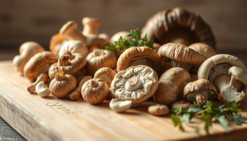 A beautifully lit still life featuring an assortment of freshly harvested mushrooms in the foreground. The mushrooms are arranged in a natural, organic manner, showcasing their diverse shapes, textures, and colors - from delicate oyster mushrooms to robust portobello caps. The middle ground depicts a wooden cutting board or rustic surface, providing a neutral backdrop to highlight the mushrooms. The background is softly blurred, creating a sense of depth and focus on the central subjects. The overall lighting is warm and slightly diffused, accentuating the earthy tones and natural beauty of the mushrooms, perfect for capturing the essence of essential ingredients for a rich and decadent cream of mushroom soup.