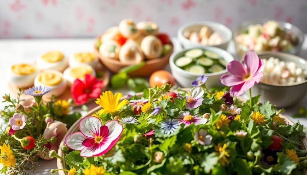 A beautifully lit, top-down shot of a springtime Easter salad display. In the foreground, a vibrant green salad with fresh herbs, edible flowers, and colorful radish slices. The middle ground features a variety of classic Easter side dishes - deviled eggs, creamy potato salad, and a refreshing cucumber salad. In the background, a soft, blurred pastel backdrop evokes the essence of the season. Soft, natural lighting illuminates the scene, casting gentle shadows and highlighting the fresh, seasonal ingredients. The overall mood is one of lightness, vibrancy, and the joyful embrace of spring.
