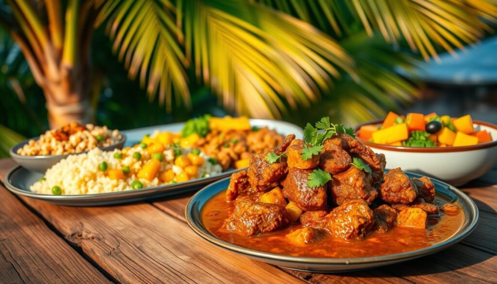 A beautifully plated traditional Caribbean curry goat dish, served on a rustic wooden table. In the foreground, a hearty serving of tender, slow-cooked goat meat in a rich, aromatic curry sauce, garnished with fresh cilantro. In the middle ground, a colorful array of Caribbean side dishes, such as fragrant rice and peas, steamed plantains, and a vibrant mango salsa. The background features a lush, tropical setting with palm fronds swaying gently in the warm, Caribbean breeze. The lighting is soft and natural, casting a golden glow over the scene, creating a cozy and inviting atmosphere.