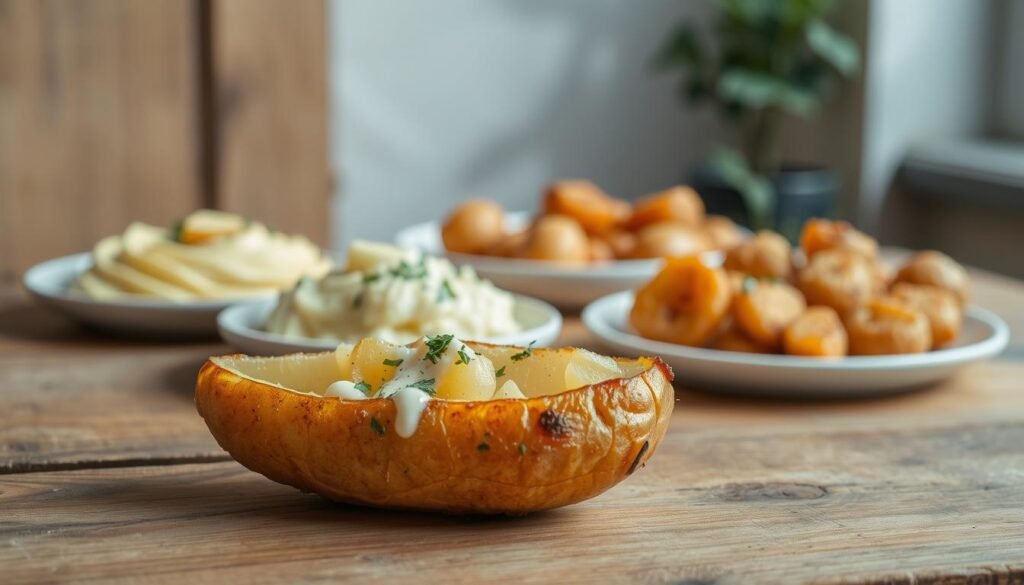 A beautifully presented potato dish on a rustic wooden table, with a soft, natural lighting creating a cozy, inviting atmosphere. In the foreground, a perfectly roasted potato wedge, crispy on the outside and fluffy on the inside, garnished with a sprinkling of fresh herbs and a drizzle of creamy sauce. In the middle ground, an arrangement of various potato preparations, such as mashed potatoes with a swirl of butter, roasted baby potatoes, and potato croquettes, each meticulously plated to showcase their unique textures and flavors. The background features a minimalist, earthy-toned setting, with a hint of greenery to add a touch of freshness to the composition.