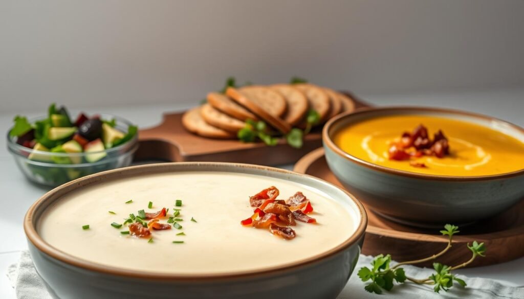 A beautifully styled arrangement of keto-friendly soup servings, set against a minimalist backdrop. In the foreground, a steaming bowl of creamy cauliflower soup, garnished with crisp bacon bits and a sprinkling of chopped chives. Alongside, a small side salad of mixed greens and avocado slices, drizzled with a tangy, low-carb dressing. In the middle ground, a rustic wooden board displaying an assortment of keto-friendly bread slices or crackers, perfect for dipping. The background features a clean, white-washed wall, allowing the vibrant colors and textures of the soups and accompaniments to take center stage. Soft, natural lighting casts a warm, inviting glow over the scene, creating a sense of culinary elegance and healthy indulgence.