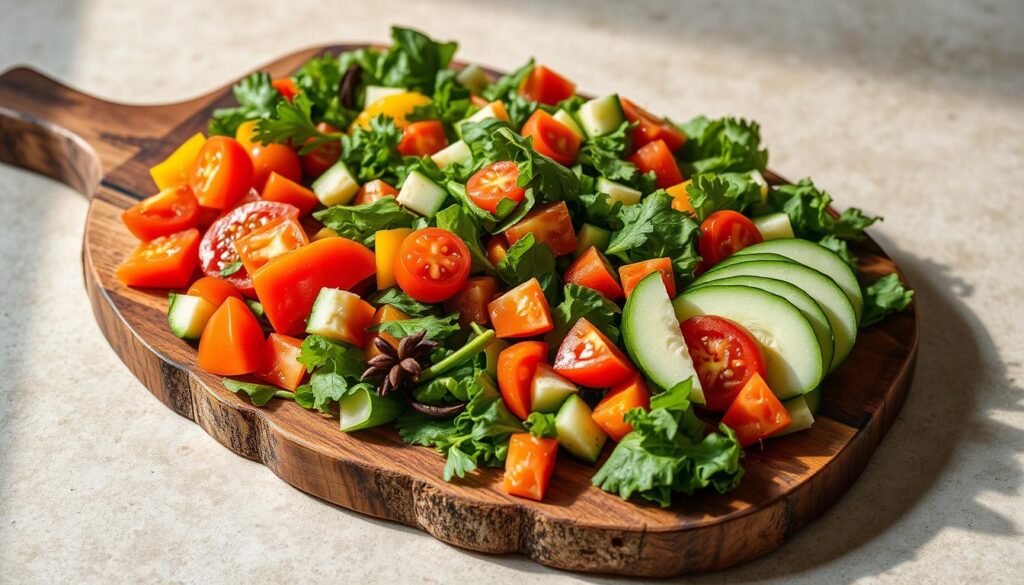 A beautifully styled chopped salad presented on a rustic wooden board, with a lush arrangement of vibrant greens, juicy tomatoes, crunchy cucumbers, and colorful bell peppers. The salad is neatly composed in an eye-catching pattern, with the ingredients carefully placed to create a visually striking display. The lighting is soft and natural, casting a warm glow on the scene. The board is placed on a neutral, textured surface, creating a minimalist, sophisticated backdrop. The overall mood is fresh, appetizing, and inviting, showcasing the vibrant colors and textures of the chopped salad in a way that would inspire the reader to recreate the presentation for their own chopped salad dishes.