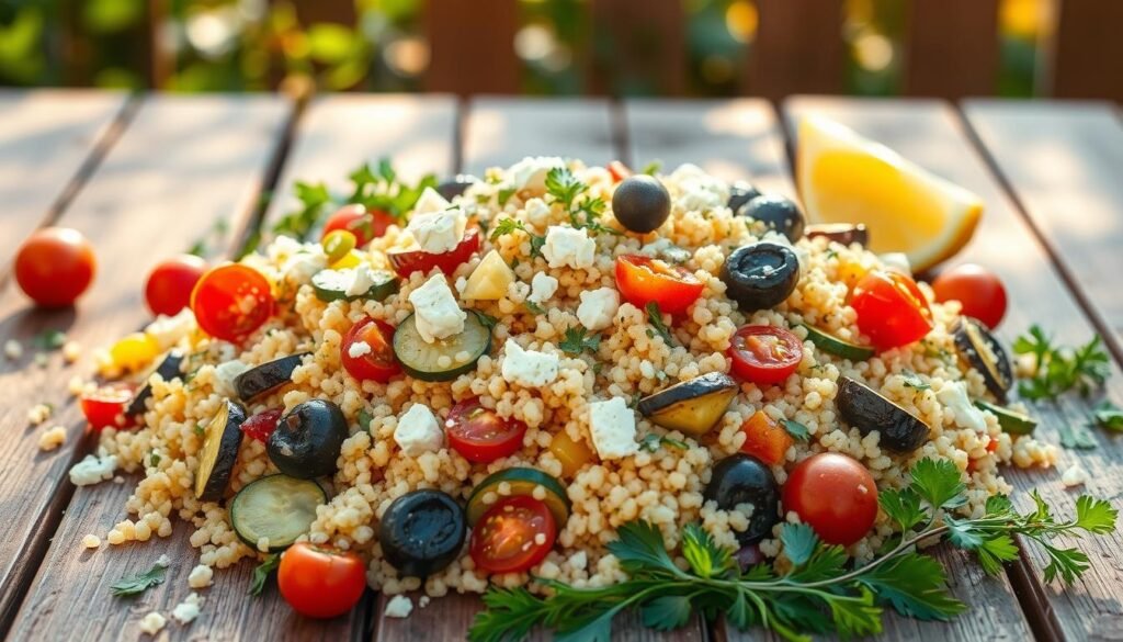 A bountiful Mediterranean couscous salad, its vibrant colors and textures arranged artfully on a rustic wooden table. In the foreground, fluffy couscous intertwined with roasted vegetables - zucchini, bell peppers, and eggplant, drizzled with a tangy lemon-herb vinaigrette. Scattered around, plump cherry tomatoes, briny olives, and crumbled feta cheese provide pops of flavor. The middle ground features a scattering of fresh herbs - parsley, mint, and dill - their verdant hues complementing the salad's earthiness. Bathed in warm, golden natural light, the scene exudes a sense of Mediterranean alfresco dining, inviting the viewer to savor the vibrant, nourishing flavors.