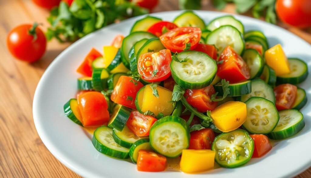 A bountiful and vibrant cucumber and tomato salad, artfully arranged on a crisp white serving plate. The fresh, crunchy cucumbers are sliced just so, their shiny green skin glistening under the warm, natural lighting. Ripe, juicy tomatoes in hues of deep red and sunny yellow are neatly scattered throughout, creating a visually appealing contrast. A light, tangy dressing coats the vegetables, complementing their flavors perfectly. The salad is garnished with fragrant, freshly chopped herbs, adding a touch of verdant elegance. The composition is balanced, the textures harmonious, inviting the viewer to savor this delightful and nourishing dish.