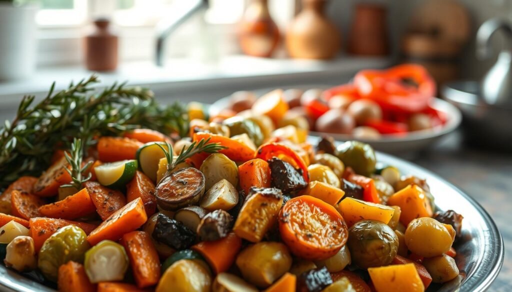 A bountiful arrangement of herb-roasted vegetables capturing the essence of "Creative Ways to Prepare Vegetables". In the foreground, a platter showcases a medley of tender, golden-brown carrots, zucchini, and Brussels sprouts, infused with the aroma of rosemary, thyme, and garlic. The middle ground features a scattering of roasted baby potatoes and vibrant red bell pepper strips, while the background is a softly blurred scene of a rustic kitchen, hinting at the warmth and homemade nature of the dish. Soft natural lighting casts a gentle glow, highlighting the rich colors and textures of the vegetables. The overall composition evokes a sense of wholesome, nourishing goodness, inviting the viewer to savor the simple yet flavorful bounty.