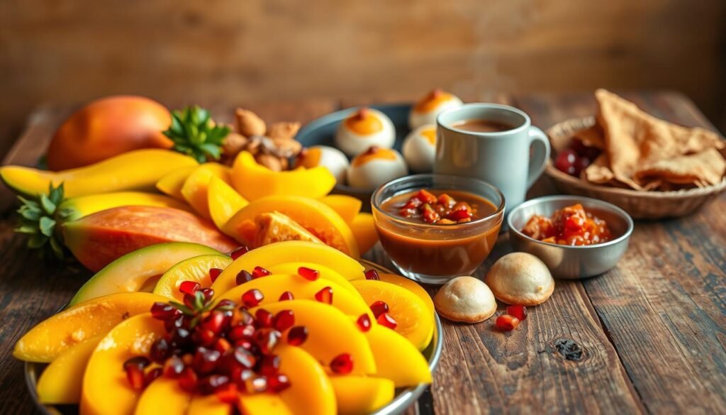 A bountiful array of vibrant, juicy fruits artfully arranged on a rustic wooden table, accompanied by an assortment of Indian-inspired spicy and sweet breakfast dishes. The foreground showcases a colorful medley of sliced mangoes, papayas, and pomegranate seeds, complemented by a flavorful chutney or relish in the center. In the middle ground, delicate dosa or idli bites are nestled alongside a steaming cup of fragrant chai. The background features a warm, diffused lighting that casts a soft, inviting glow, hinting at the comforting and nourishing nature of this Indian-inspired vegetarian breakfast spread.