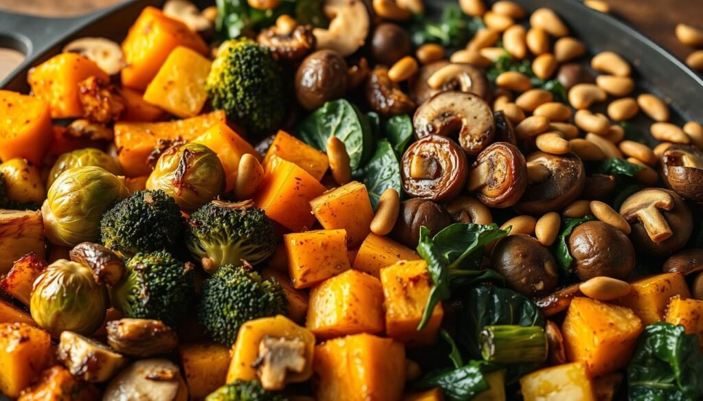 A bountiful assortment of texture-rich vegetable sides, bathed in warm, natural lighting and captured with a high-quality lens. In the foreground, a mix of roasted Brussels sprouts, tender-crisp broccoli florets, and hearty cubes of butternut squash, their surfaces caramelized and glistening. In the middle ground, a medley of sautéed mushrooms, sliced zucchini, and wilted spinach leaves, their varied textures complementing each other. In the background, a scattering of toasted pine nuts and a sprinkling of fresh herbs, adding depth and a hint of earthiness to the overall composition. The scene exudes a cozy, inviting atmosphere, inspiring the viewer to savor the delightful interplay of flavors and textures in this vegetable-centric dish.