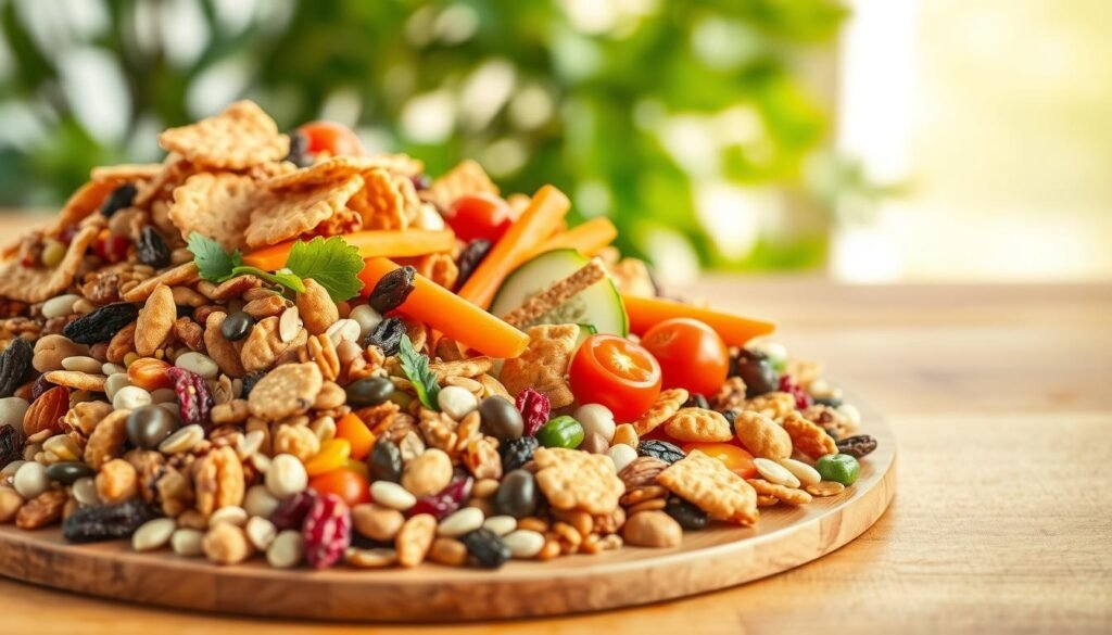 A bountiful assortment of vibrant, wholesome snack ingredients artfully arranged on a natural wooden surface. In the foreground, an array of colorful nuts, seeds, dried fruits, and whole-grain crackers or crisps. The middle layer features fresh vegetables like carrot sticks, cucumber slices, and cherry tomatoes, adding a crunchy, nutritious element. In the background, a soft-focus impression of lush greenery or a simple, minimalist backdrop, conveying a sense of balance and wellness. Warm, natural lighting casts a gentle glow, highlighting the textures and natural colors of the ingredients. The overall composition exudes a clean, inviting aesthetic, inspiring a healthier, more mindful snacking experience.