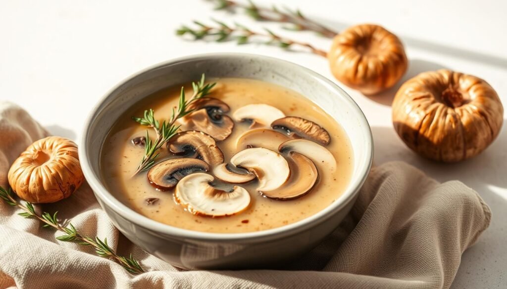 A bountiful bowl of healthy mushroom soup, set against a simple, clean backdrop. Slices of fresh, earthy mushrooms float in a gently simmering, creamy broth, infused with aromatic herbs and spices. The lighting is soft and natural, casting a warm, inviting glow on the scene. The composition is balanced, with the soup taking center stage, surrounded by subtle, minimalist accents that complement its rustic elegance. The overall mood is one of nourishment and well-being, showcasing a delectable, yet nutritious alternative to traditional cream-based mushroom soup recipes.