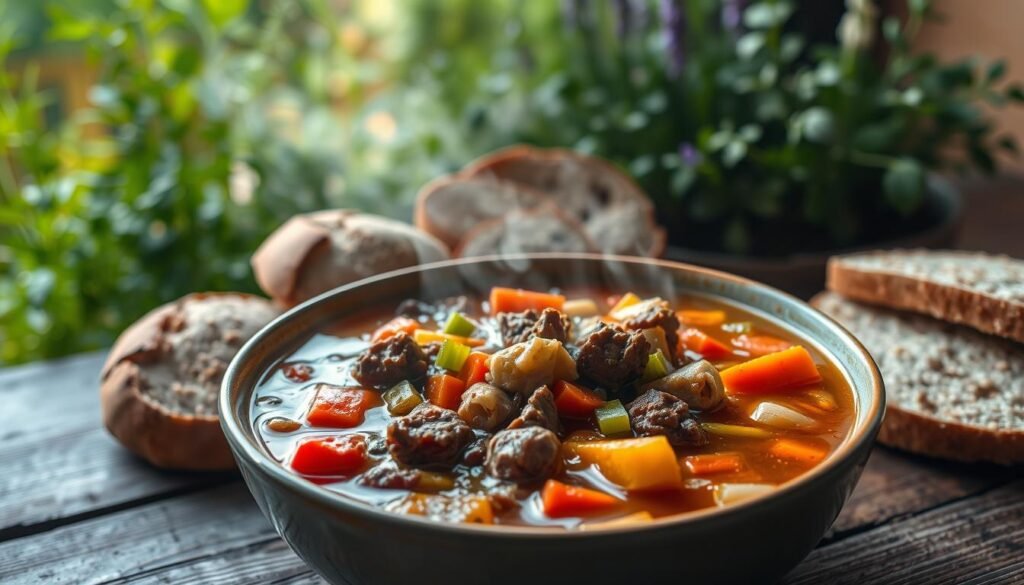 A bountiful bowl of steaming beef soup, rich in color and texture, sits on a rustic wooden table. In the foreground, tender chunks of beef and an assortment of vibrant vegetables, such as carrots, celery, and onions, mingle in a savory broth. The middle ground features a selection of hearty whole-grain breads, complementing the soup's wholesome goodness. Soft, indirect lighting casts a warm glow, evoking a cozy, nourishing atmosphere. In the background, a verdant herb garden provides a lush, natural backdrop, hinting at the soup's freshly-harvested ingredients. The overall scene conveys a sense of wholesome, balanced, and satisfying dietary variation in the classic beef soup.